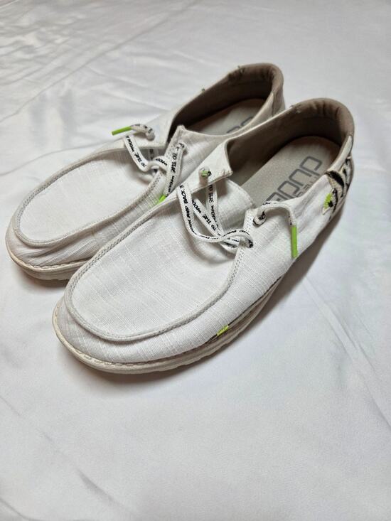 Hey Dude Shoes - Hey Dude White Canvas Boat Shoes with Neon Green Accents